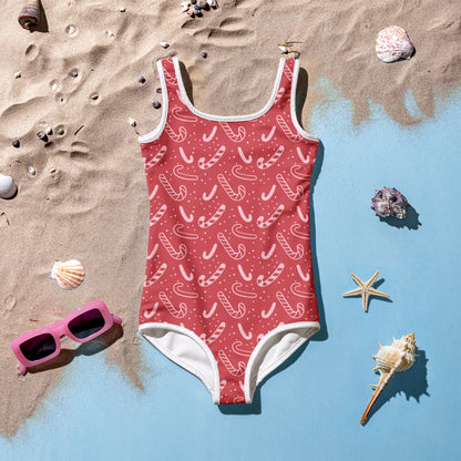 Girls Red Candy Cane Christmas Swimsuit