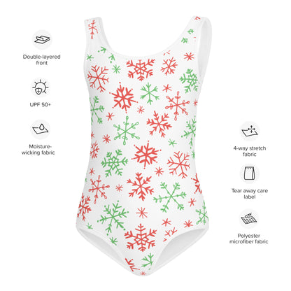 Girls Red And Green Snowflakes Christmas Swimsuit