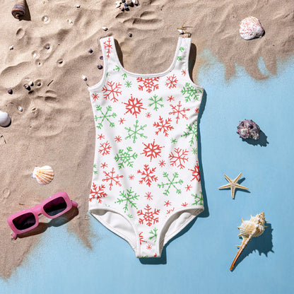 Girls Red And Green Snowflakes Christmas Swimsuit