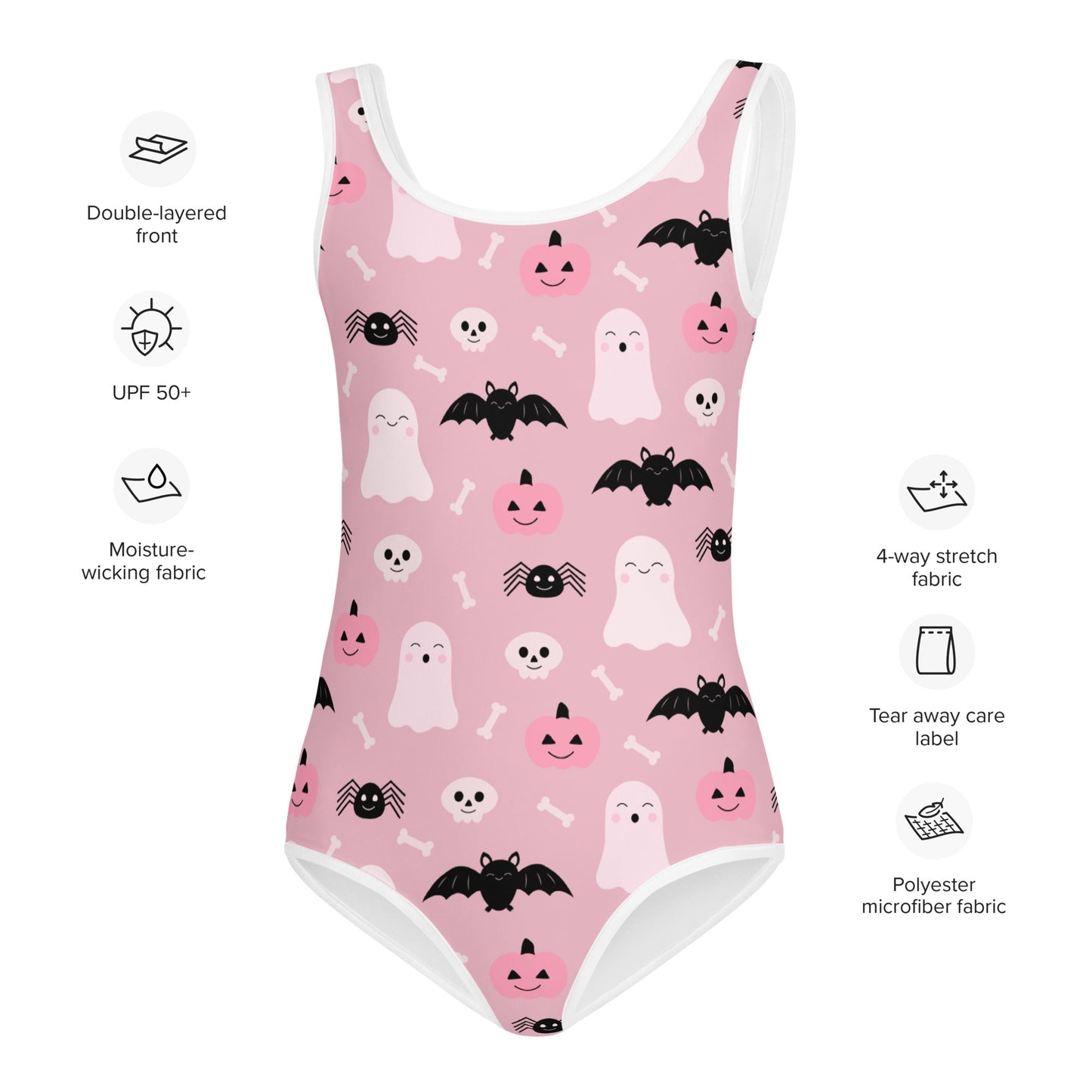 Girls Cute Ghost And Bats Pink Halloween Swimsuit