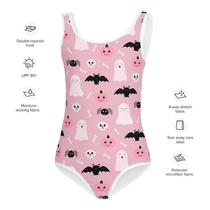 Girls Cute Ghost And Bats Pink Halloween Swimsuit