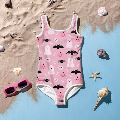 Girls Cute Ghost And Bats Pink Halloween Swimsuit