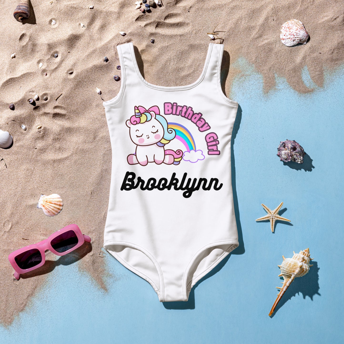 Unicorn Rainbow Birthday Girl Custom Swimsuit