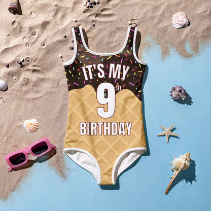 Girls Ice Cream Cone Custom Age It's My Birthday Swimsuit