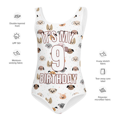 Girls Dog Themed Custom Age It's My Birthday Swimsuit