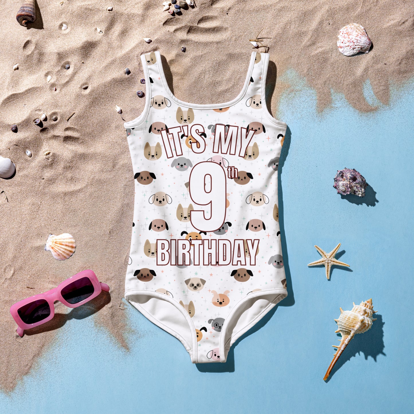 Girls Dog Themed Custom Age It's My Birthday Swimsuit