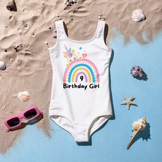 Birthday Girl Custom Age Unicorn Rainbow Swimsuit