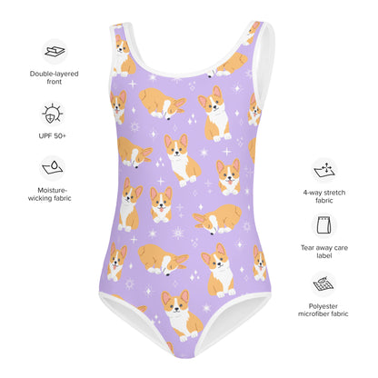 Girls Purple Corgi Dog Buttery Soft Leotard - Quick Drying For Dance and Gymnastics