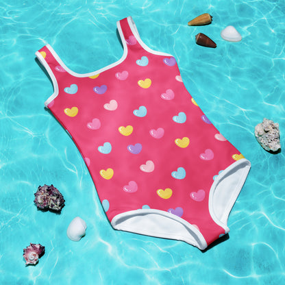 Girls Colorful Hearts Pink Buttery Soft Swimsuit With UPF 50+