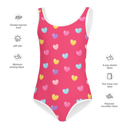 Girls Colorful Hearts Pink Buttery Soft Swimsuit With UPF 50+