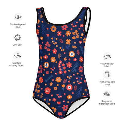 Girls Floral Blue Buttery Soft Swimsuit With UPF 50+