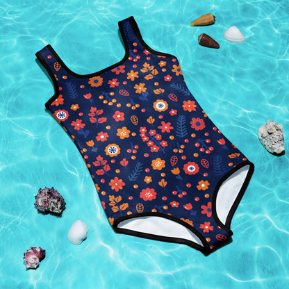 Girls Floral Blue Buttery Soft Swimsuit With UPF 50+