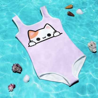 Girls Peeking Cat Buttery Soft Swimsuit With UPF 50+