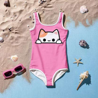 Girls Peeking Cat Buttery Soft Swimsuit With UPF 50+