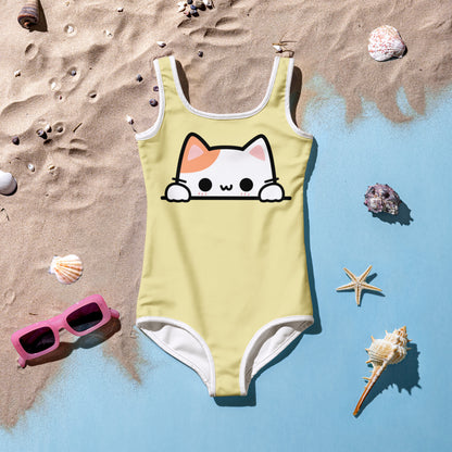 Girls Peeking Cat Buttery Soft Swimsuit With UPF 50+