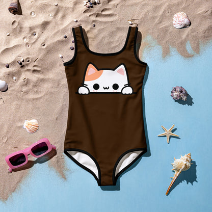 Girls Peeking Cat Buttery Soft Swimsuit With UPF 50+