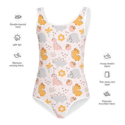 Girls Floral Dinosaur Buttery Soft Swimsuit With UPF 50+