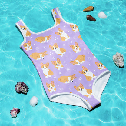 Girls Purple Corgi Dog Buttery Soft Swimsuit With UPF 50+