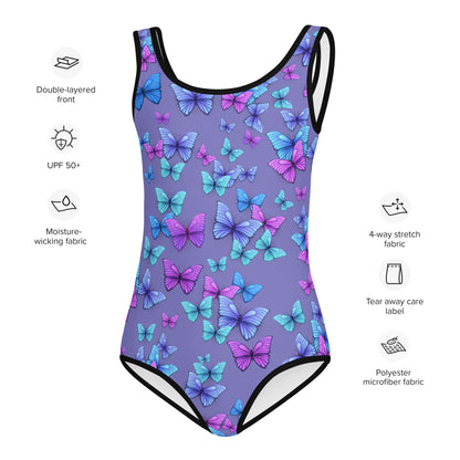 Girls Purple Butterflies Buttery Soft Swimsuit With UPF 50+