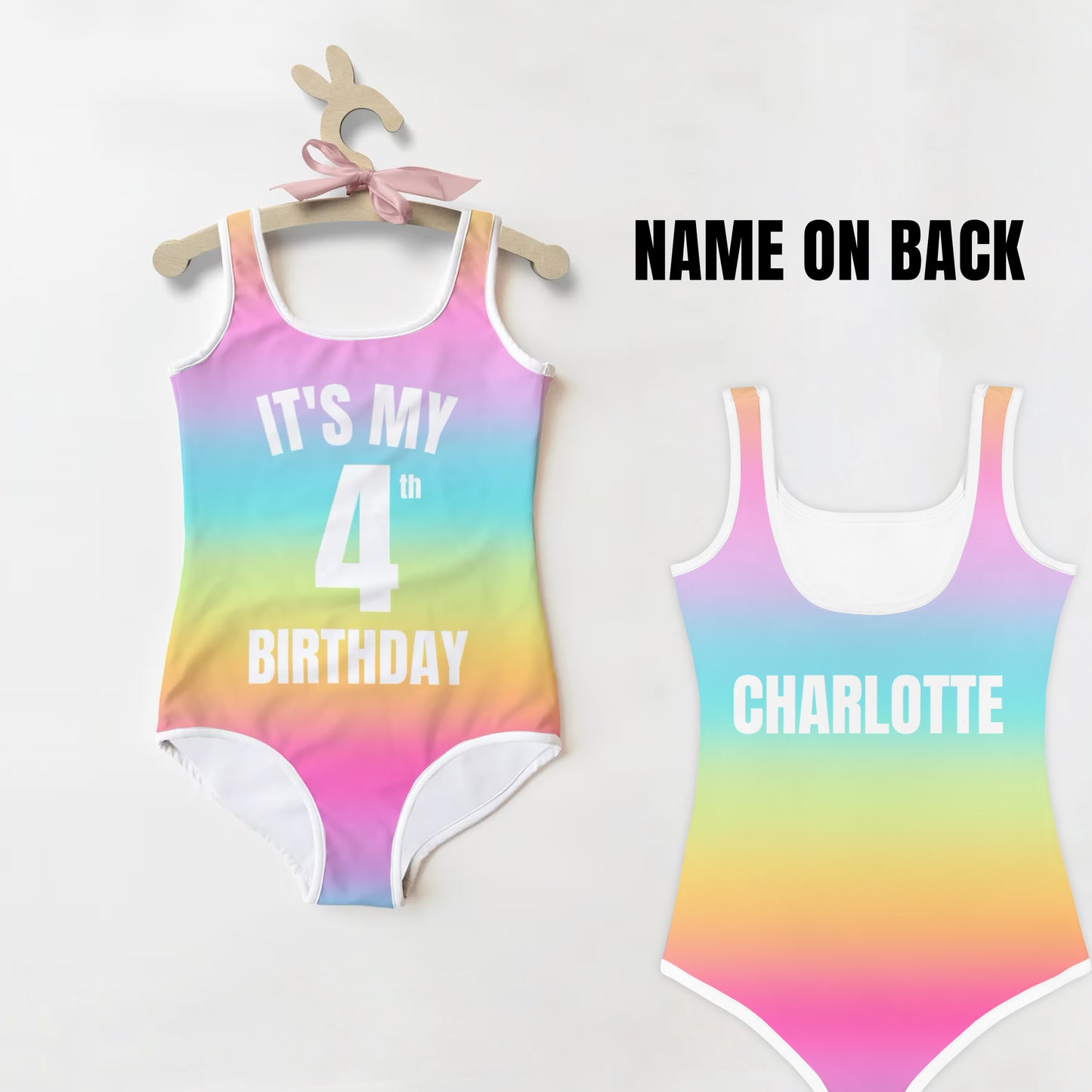 Girls Bright Rainbow Custom Age With Name On Back It's My Birthday Swimsuit