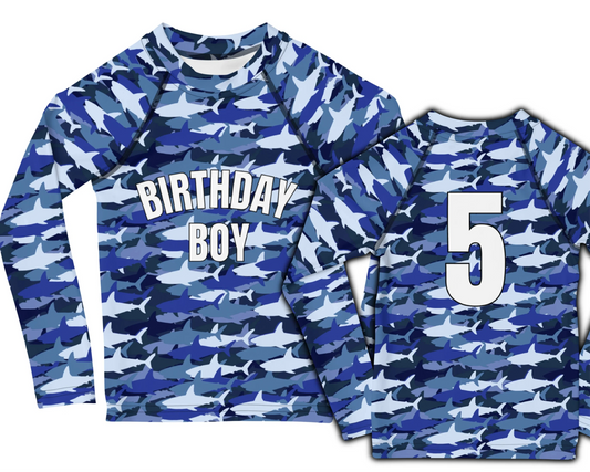 Custom Birthday Boy Shark Rash Guard With Age On Back