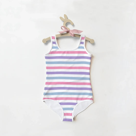 Girls Pink, Blue, Purple, And White Striped Swimsuit