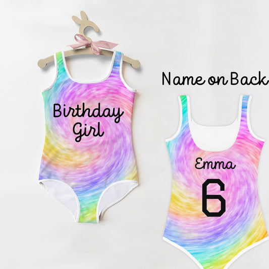 Girls Custom Age & Name Faux Rainbow Tie Dye Swimsuit