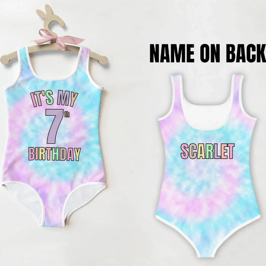 Girls Faux Tie Dye Custom Age It's My Birthday Swimsuit With Name On Back