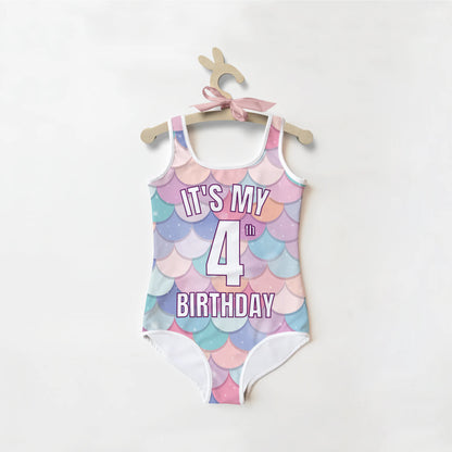 Girls Rainbow Mermaid Custom Age Birthday Swimsuit