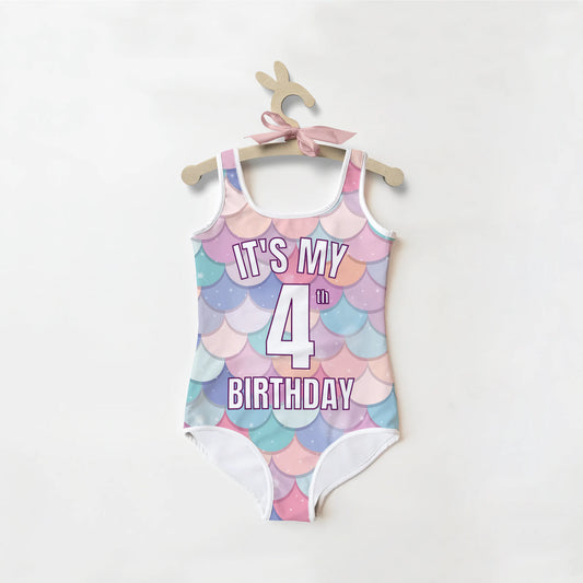 Girls Rainbow Mermaid Custom Age & Name Birthday Swimsuit