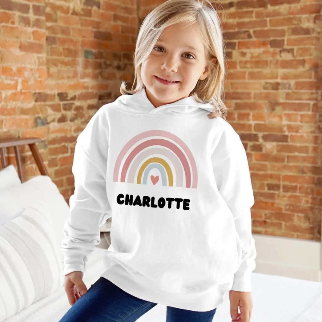 Girls Custom Name Rainbow Heart Hoodie With Pocket