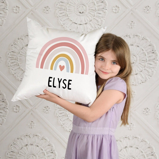 Girls Custom Name Rainbow Heart Pillow