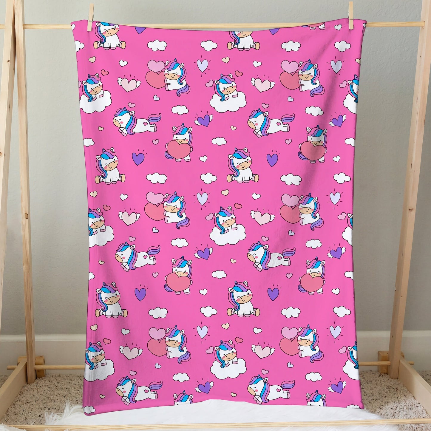 Girls Soft Plush Unicorn Hearts Plush Minky Blanket