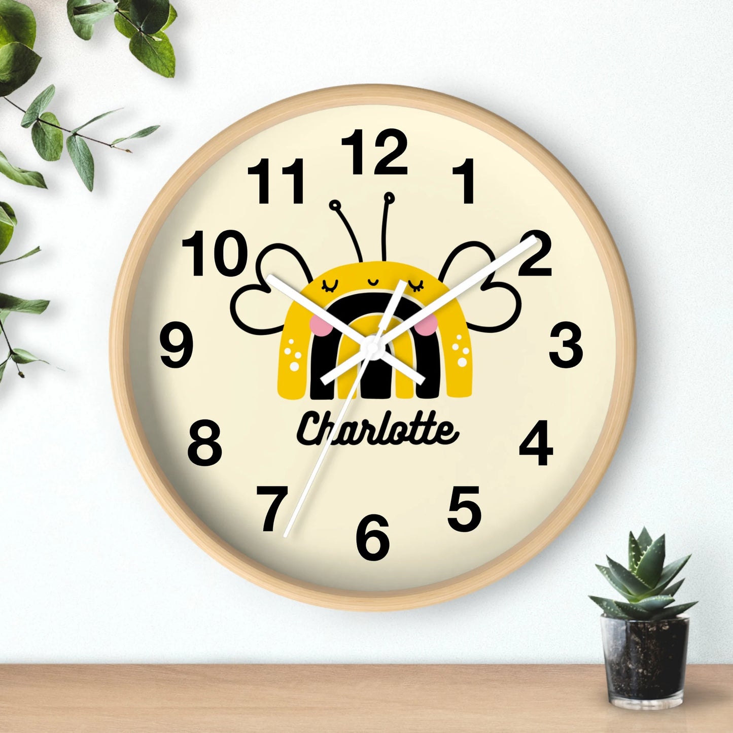 Kids Custom Name Bee Silent Wood Wall Clock