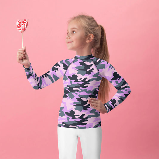 Girls Purple Camouflage Long Sleeve Rash Guard Swim Shirt With UPF 50+