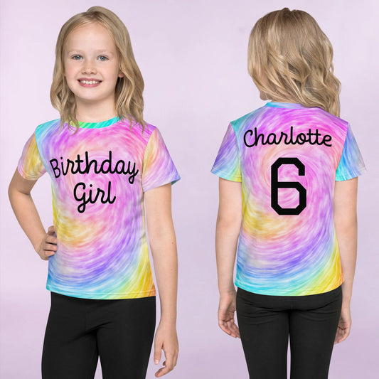 Girls Custom Age & Name Faux Rainbow Tie Dye T-Shirt