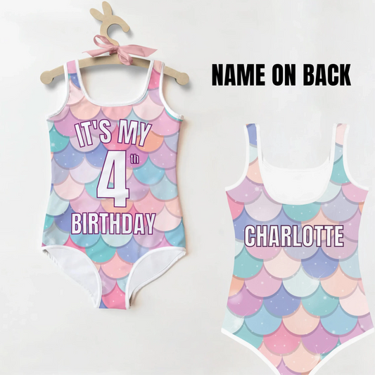 Girls Rainbow Mermaid Custom Age & Name Birthday Swimsuit