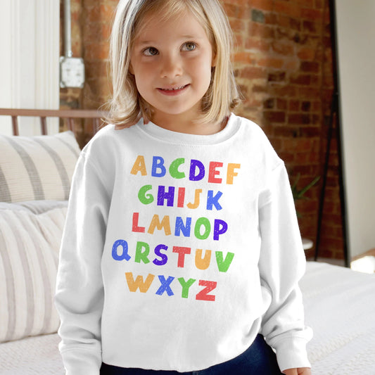 toddler girl wearing alphabet letters sweatshirt